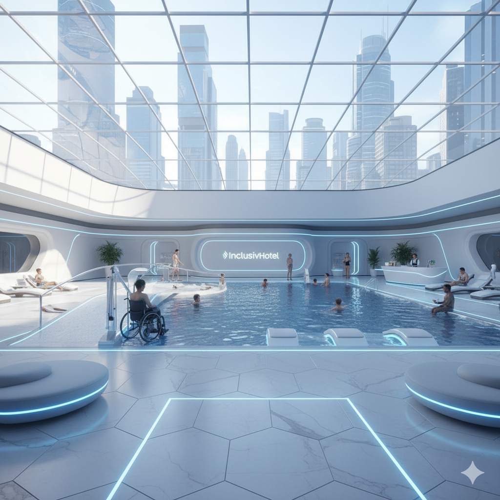 Piscina interior con elevador y vistas a la ciudad