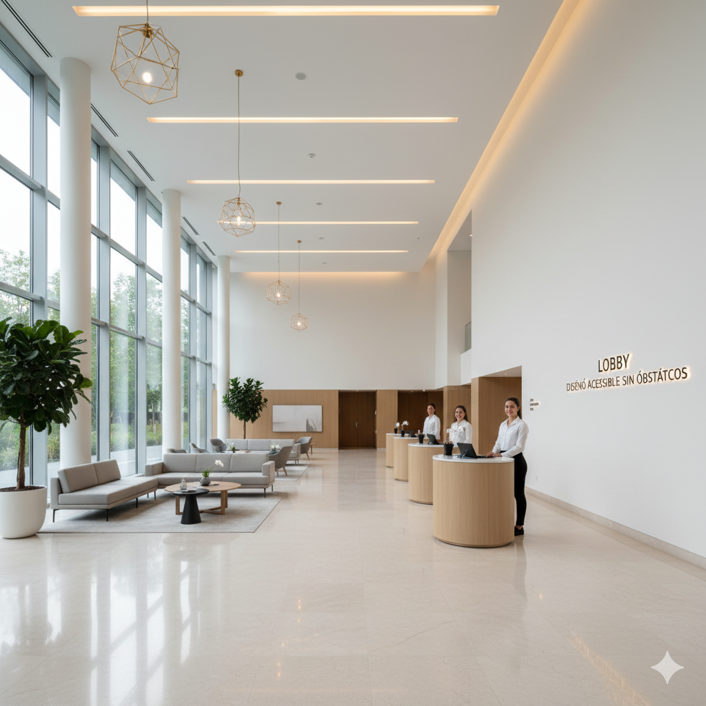 Vista del lobby con pavimento táctil y señalización