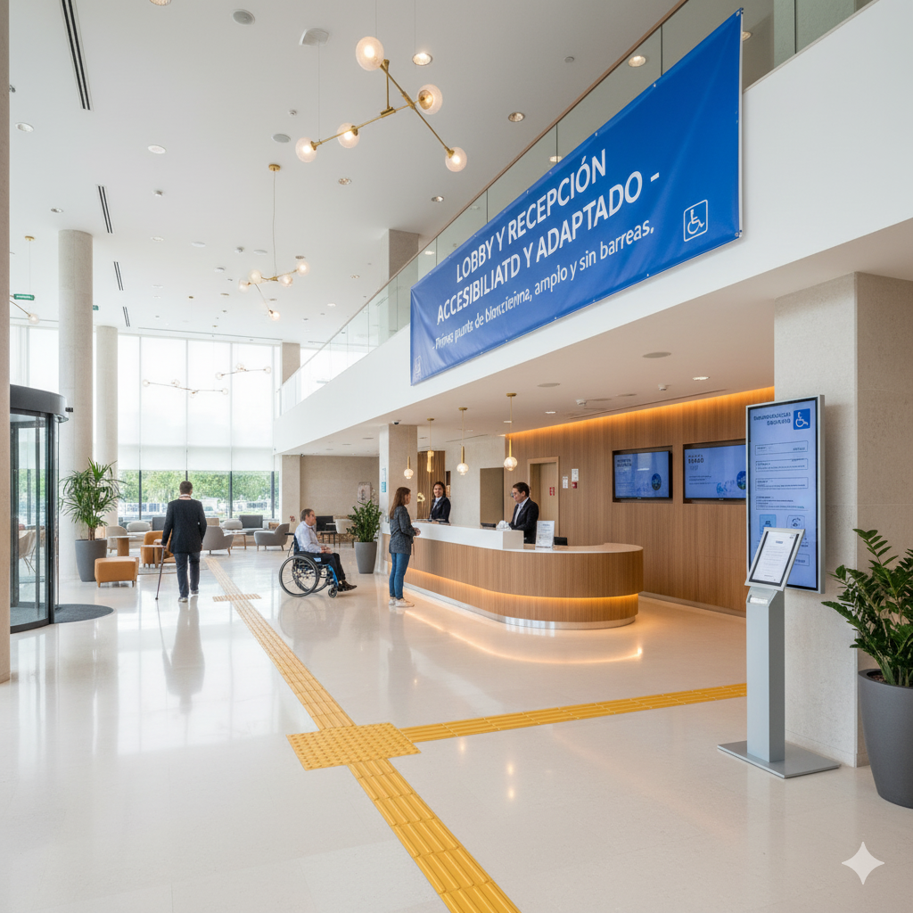 Vista del lobby con pavimento táctil y señalización