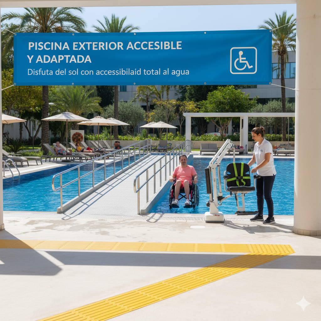 Piscina exterior con rampa y grúa de transferencia