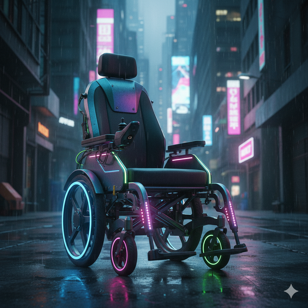 Silla de ruedas eléctrica con luces de neón y detalles ciberpunk